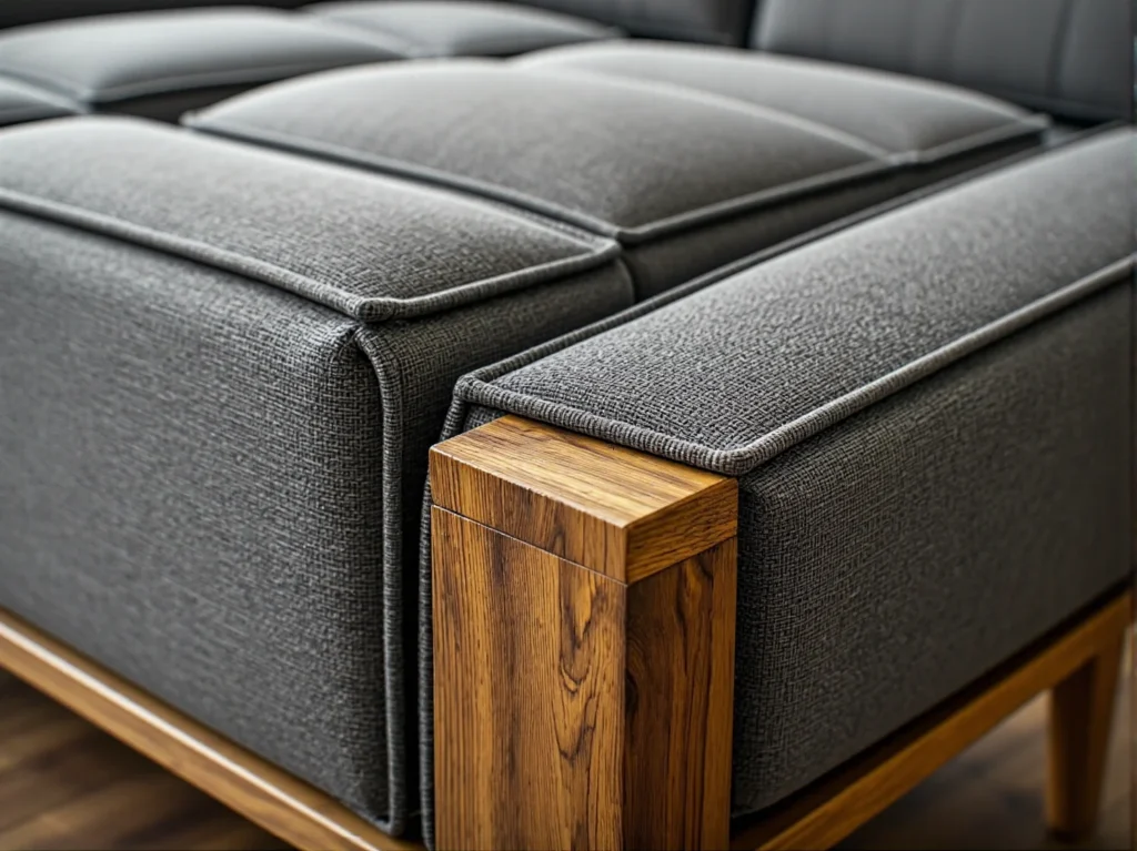 Grafitowa sofa tapicerowana na dębowej ramie drewnianej