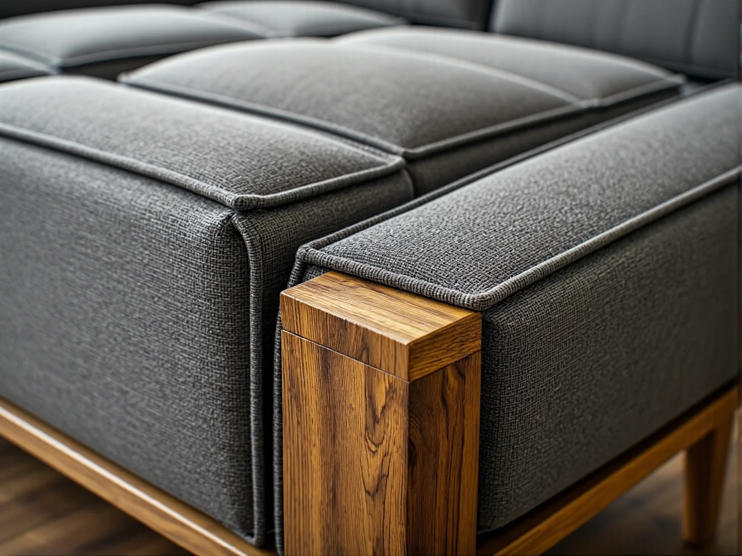 Grafitowa sofa tapicerowana na dębowej ramie drewnianej