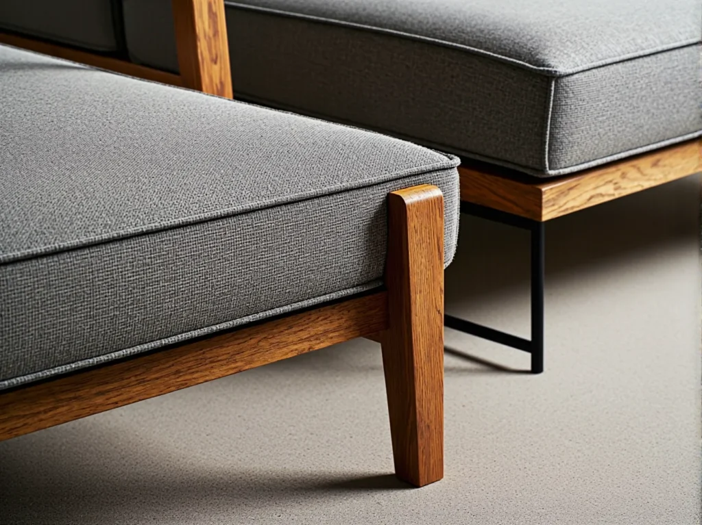 Szara ławka tapicerowana na dębowych drewnianych nogach