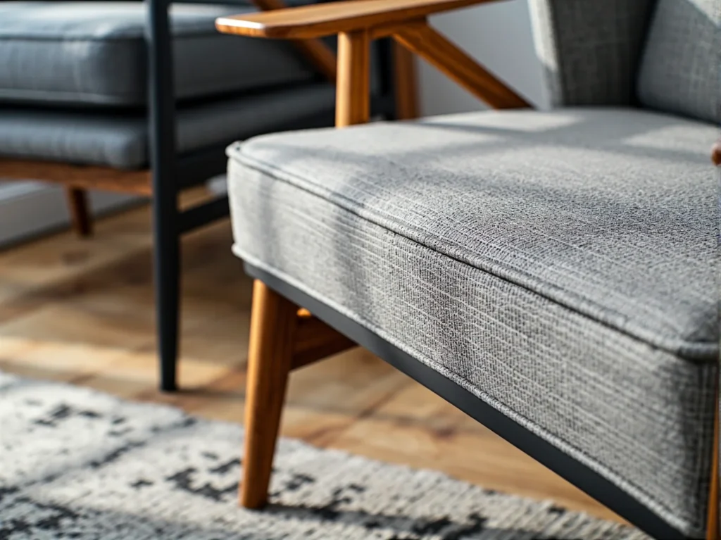 Szary fotel tapicerowany na drewnianych nogach w stylu retro