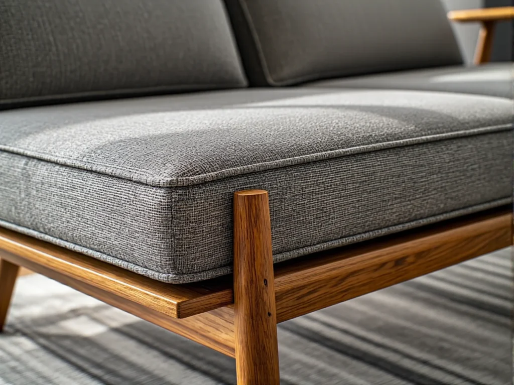 Szara sofa na drewnianej ramie z dębowymi nogami